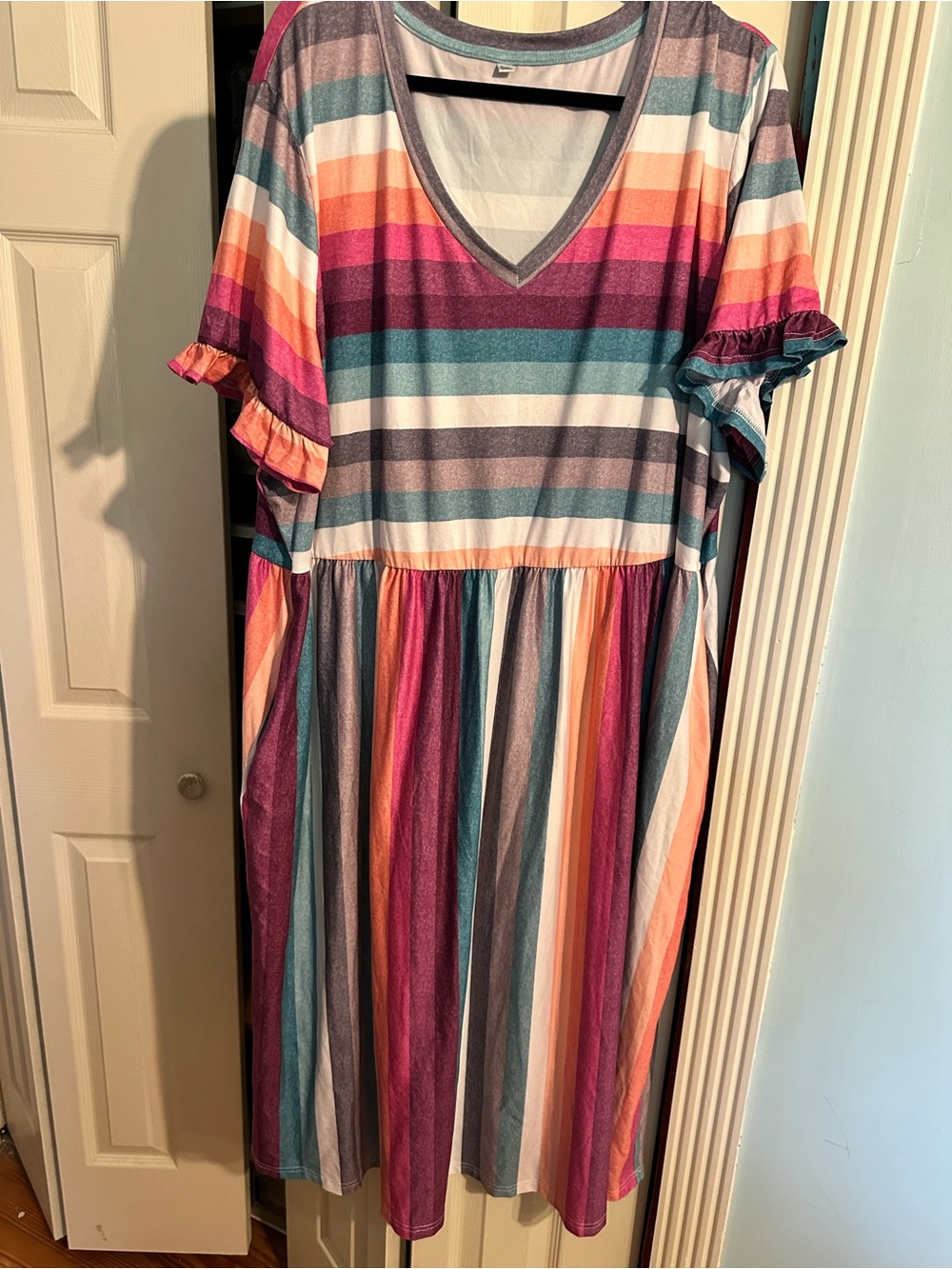 Source Unknown Teal Pink Orange Multistripe V-Neck Midi Dress